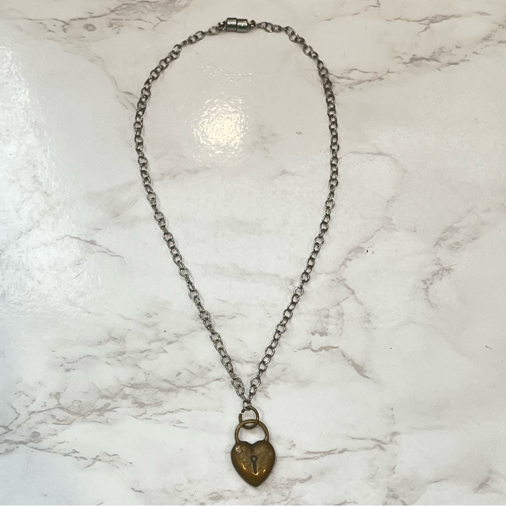 Vintage Grunge Mixed Metal Heart Padlock Necklace - Easy Magnetic Clasp